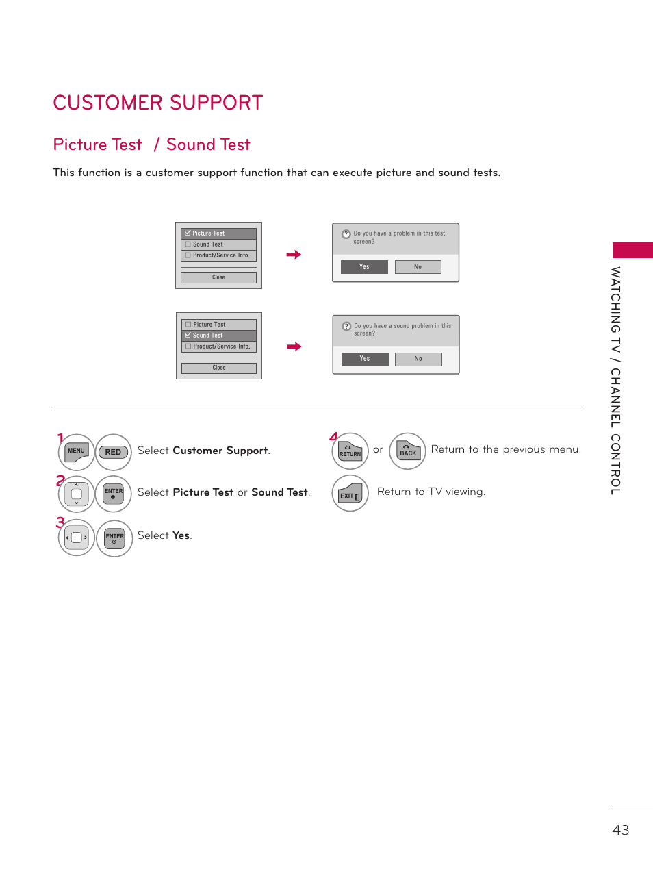 Customer support, Picture test / sound test | LG 26LD320H User Manual | Page 43 / 165