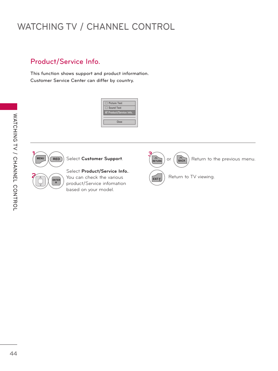 Product/service info, Watching tv / channel control | LG 26LD320H User Manual | Page 44 / 165