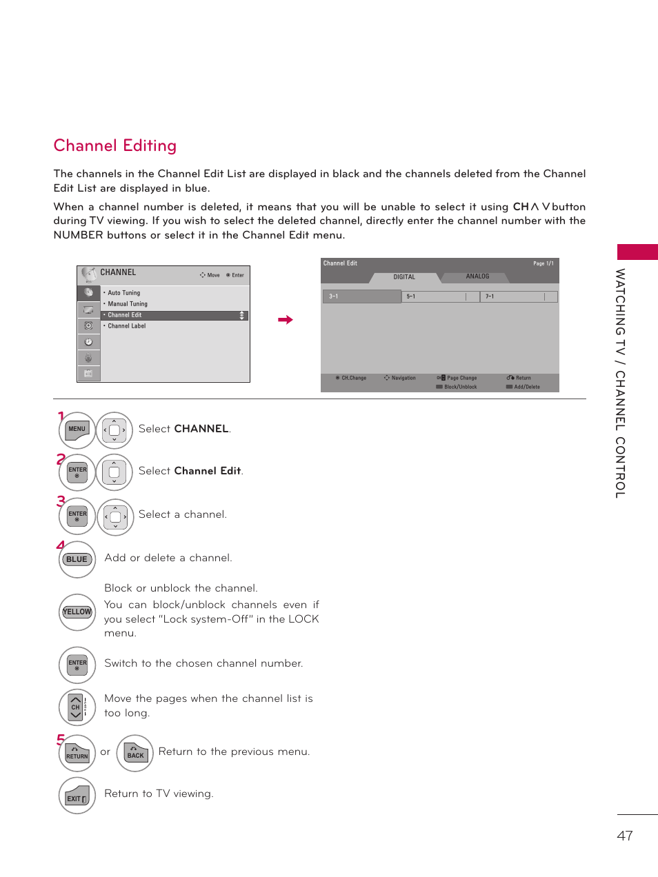 Channel editing | LG 26LD320H User Manual | Page 47 / 165