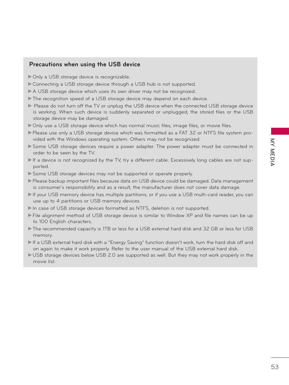 Precautions when using the usb device | LG 26LD320H User Manual | Page 53 / 165