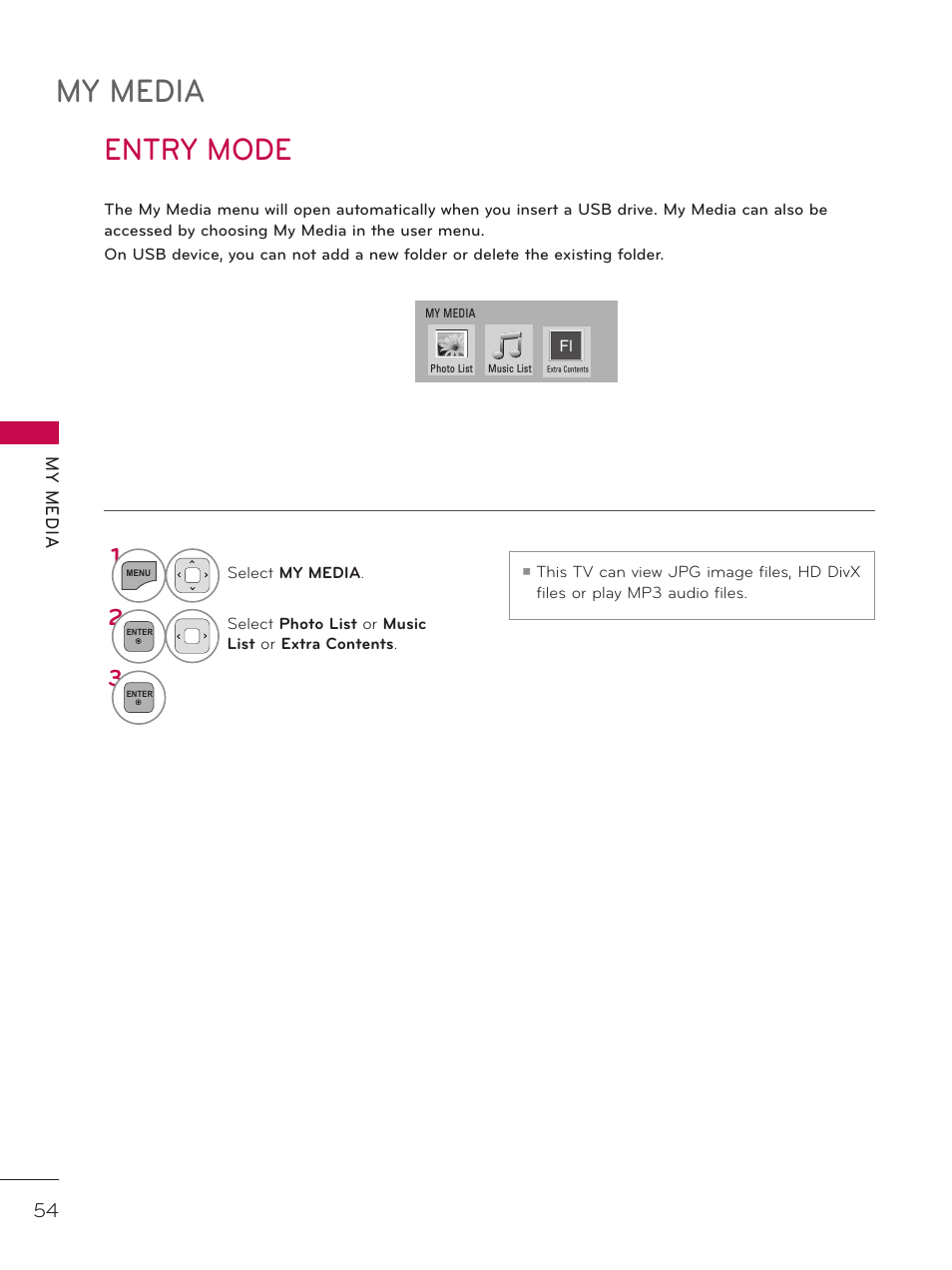 Entry mode, Photo list, My media | LG 26LD320H User Manual | Page 54 / 165