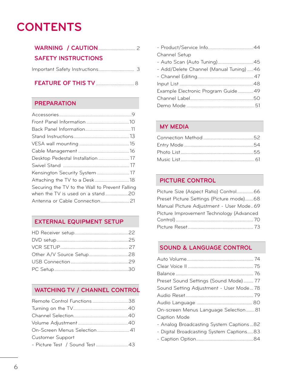 LG 26LD320H User Manual | Page 6 / 165