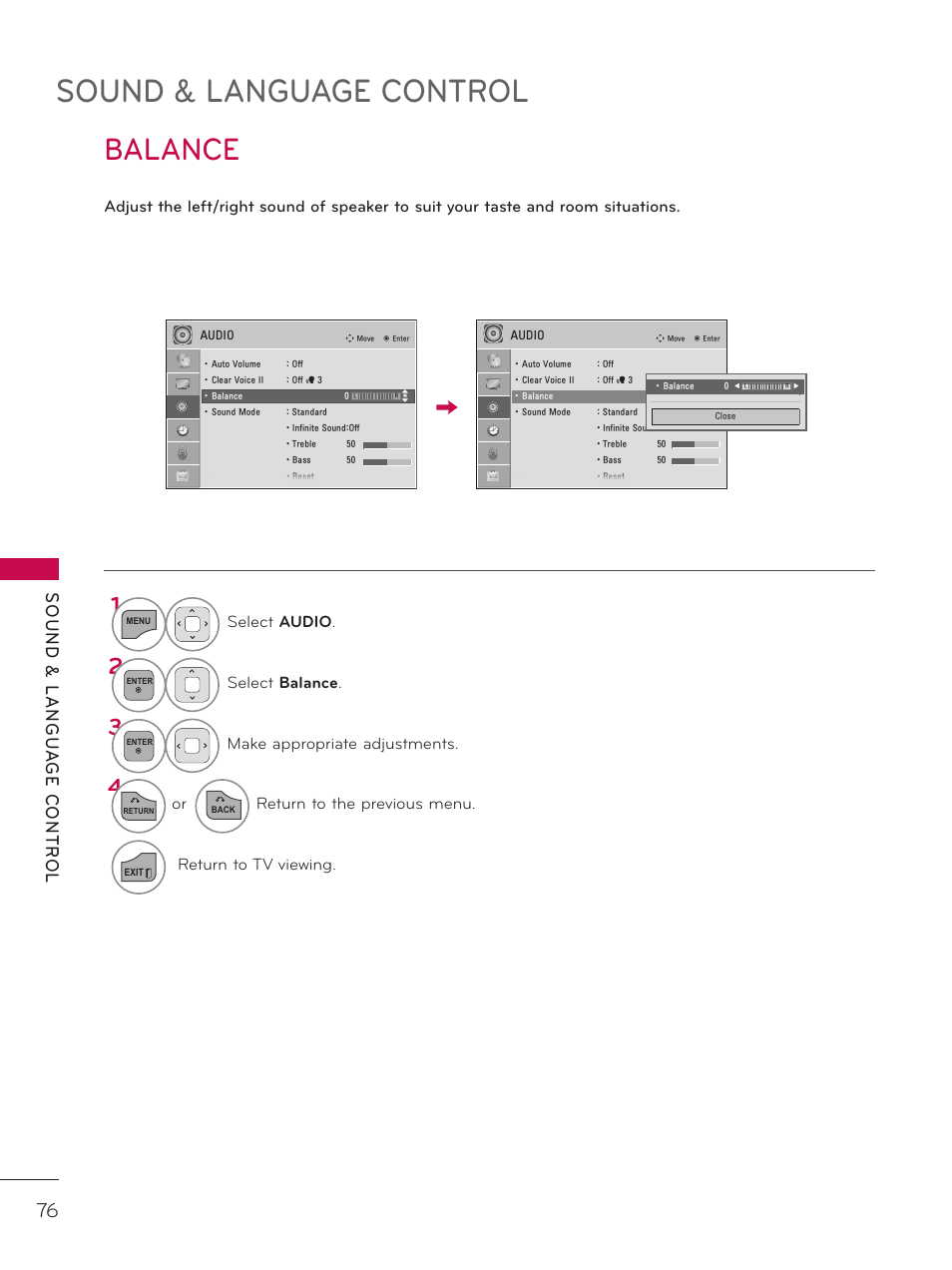 Sound & language control, Balance | LG 26LD320H User Manual | Page 76 / 165