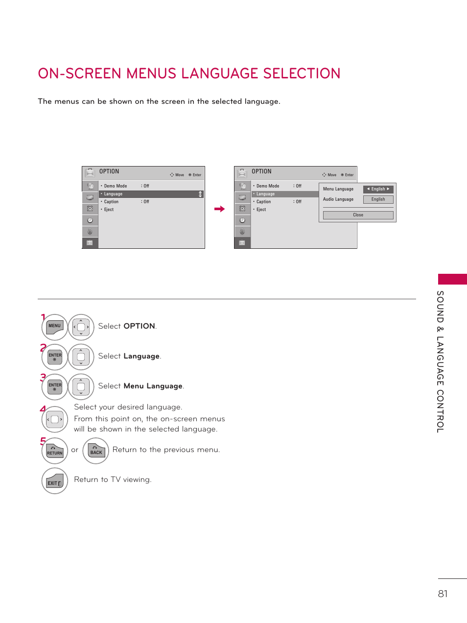 On-screen menus language selection, Caption mode | LG 26LD320H User Manual | Page 81 / 165