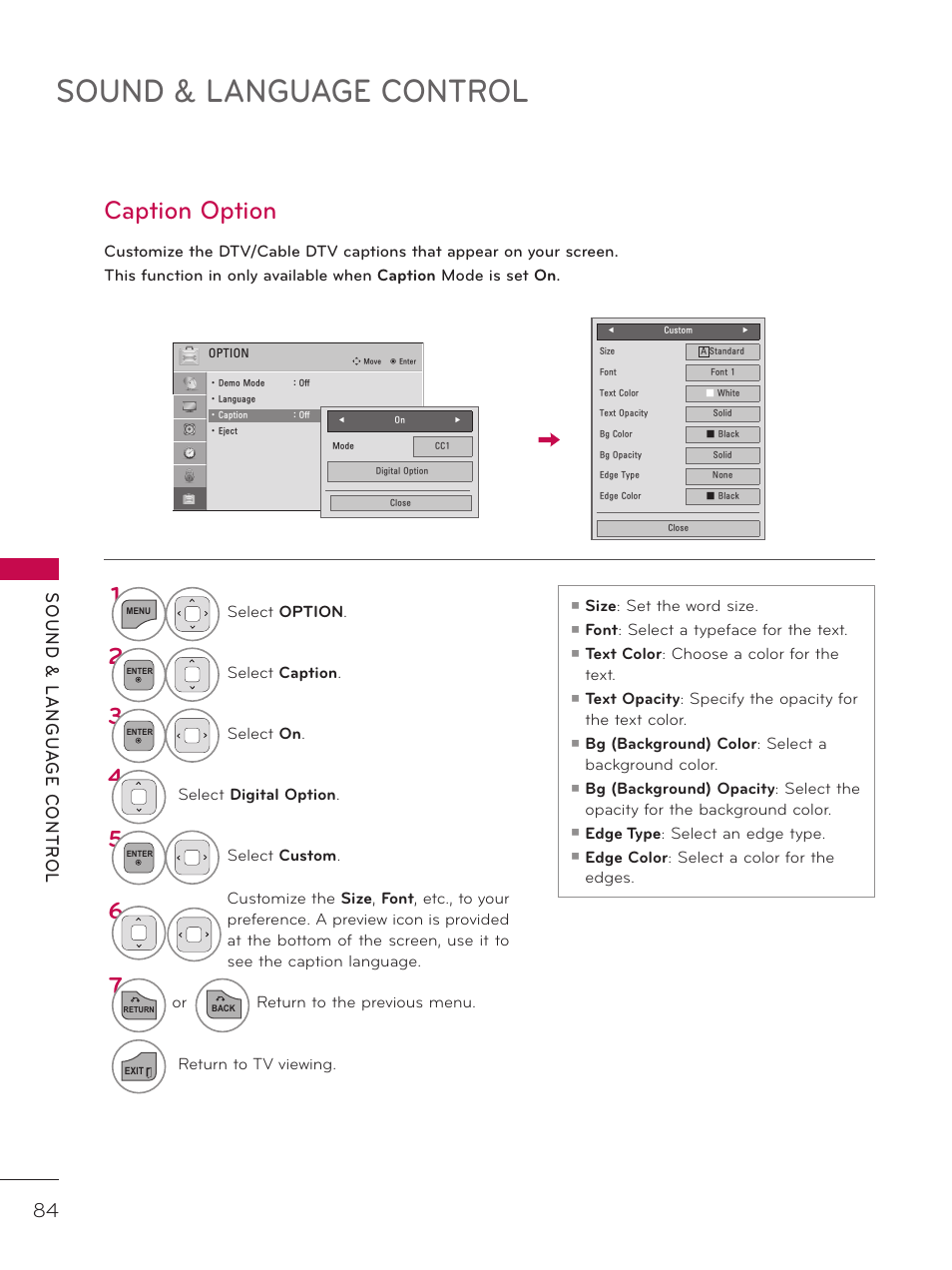 Time setting, Clock setting, Auto clock setup | Sound & language control, Caption option | LG 26LD320H User Manual | Page 84 / 165