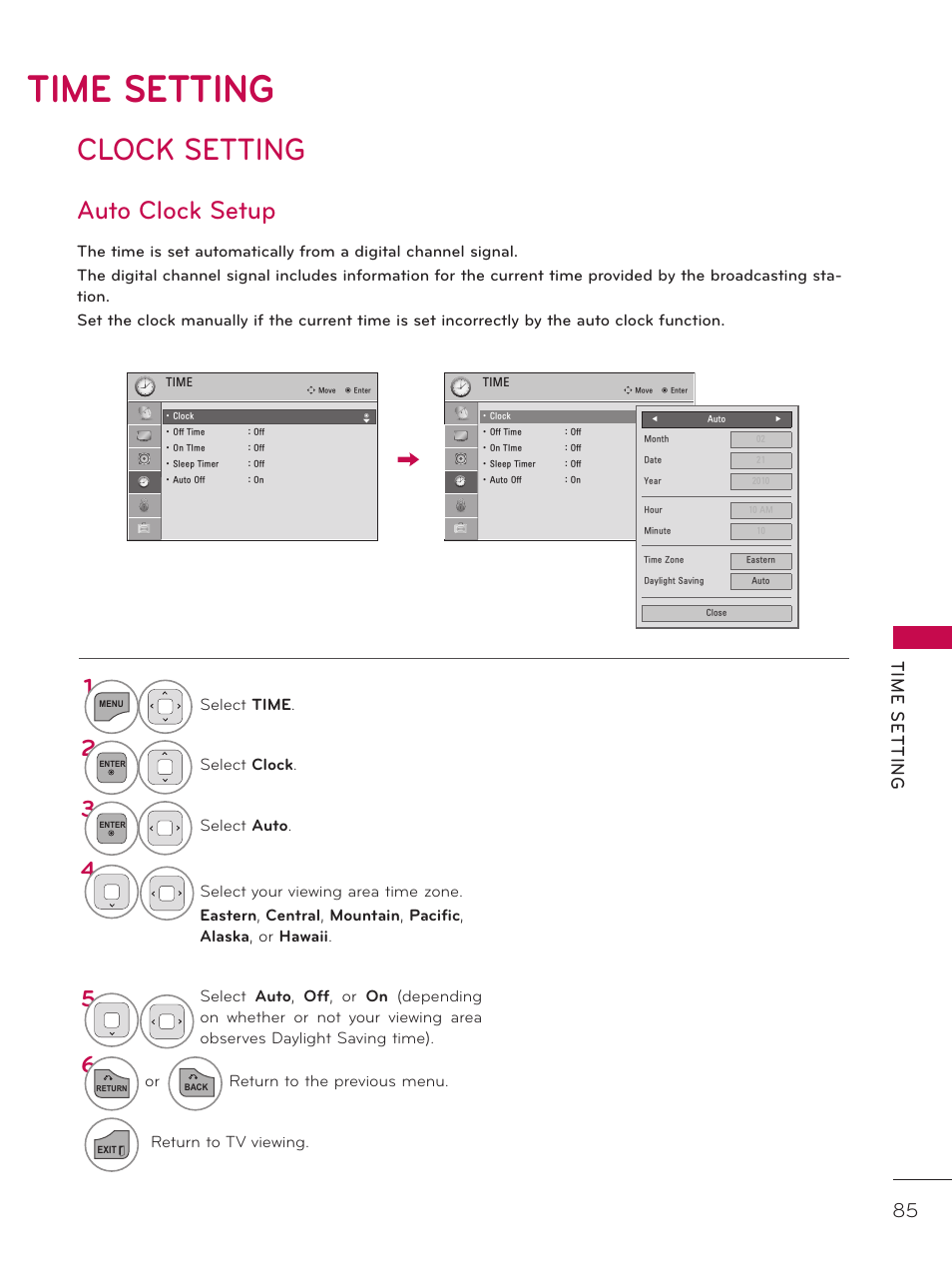Time setting, Clock setting, Auto clock setup | Tim e s et tin g | LG 26LD320H User Manual | Page 85 / 165