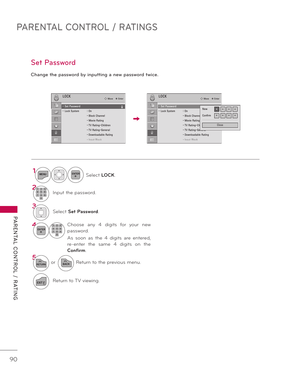 Parental control / ratings, Set password | LG 26LD320H User Manual | Page 90 / 165
