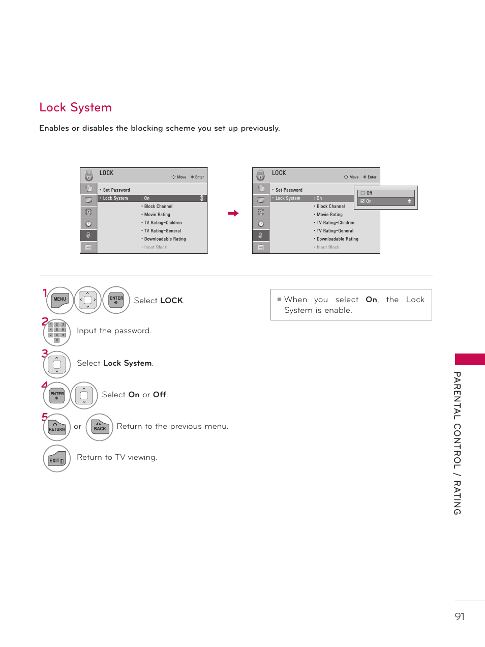 Lock system, When you select, The lock system is enable | LG 26LD320H User Manual | Page 91 / 165