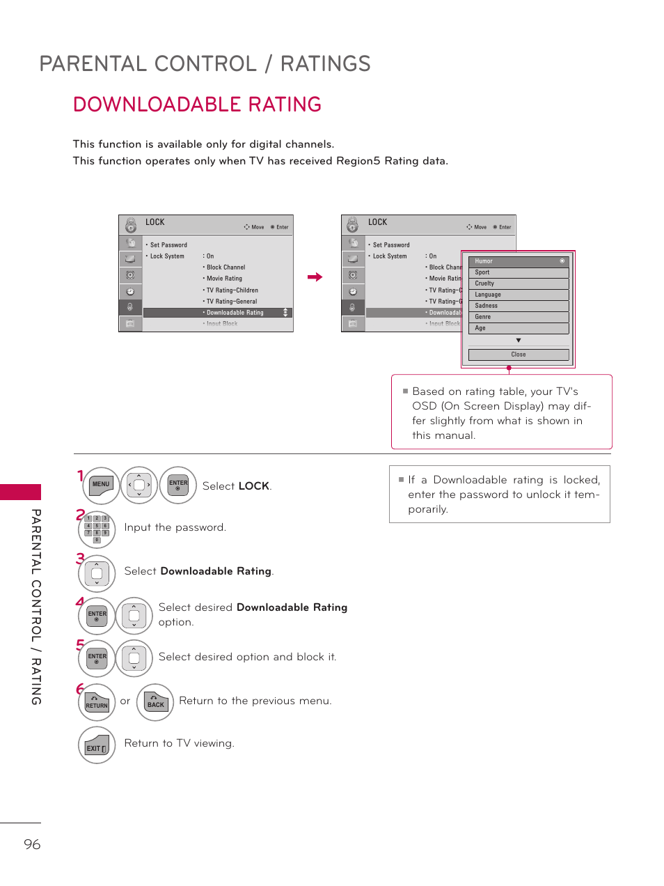 Downloadable rating, External input blocking, Parental control / ratings | LG 26LD320H User Manual | Page 96 / 165
