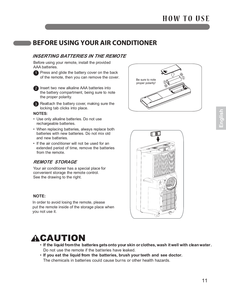 Caution, Before using your air conditioner, English | LG LP1413SHR User Manual | Page 11 / 32