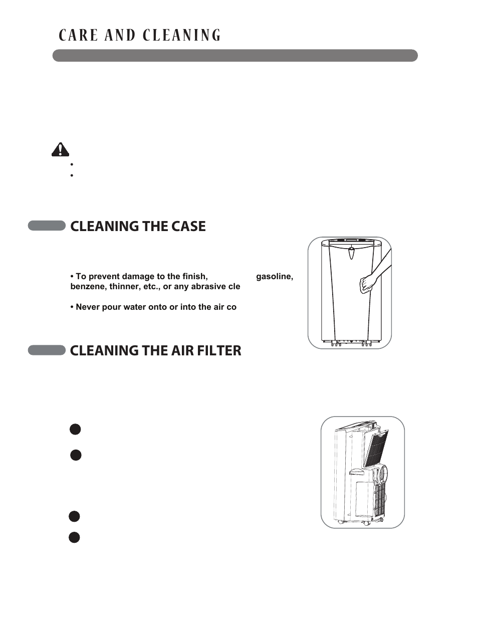 Warning, Cleaning the case, Cleaning the air filter | LG LP1413SHR User Manual | Page 24 / 32