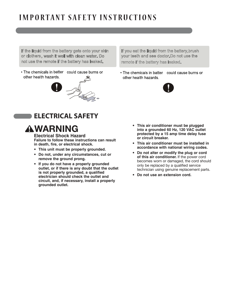 Warning, Electrical safety | LG LP1413SHR User Manual | Page 6 / 32