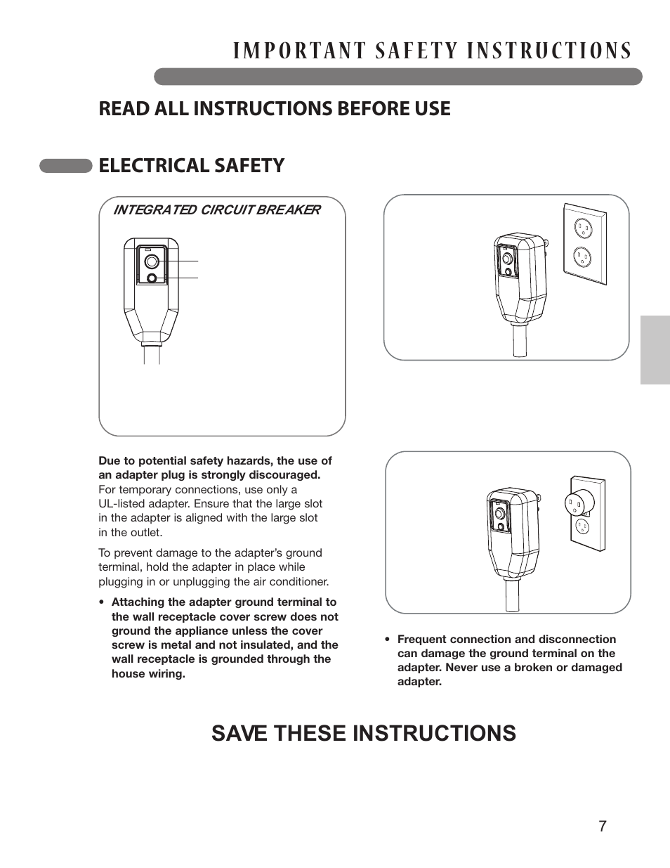 Save these instructions, Read all instructions before use, Electrical safety | 7english | LG LP1413SHR User Manual | Page 7 / 32