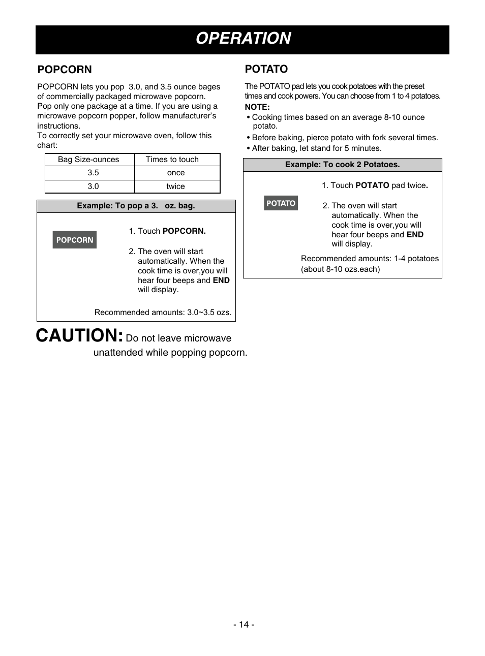 Caution, Operation, Potato | Popcorn | LG MV1610ST User Manual | Page 14 / 28