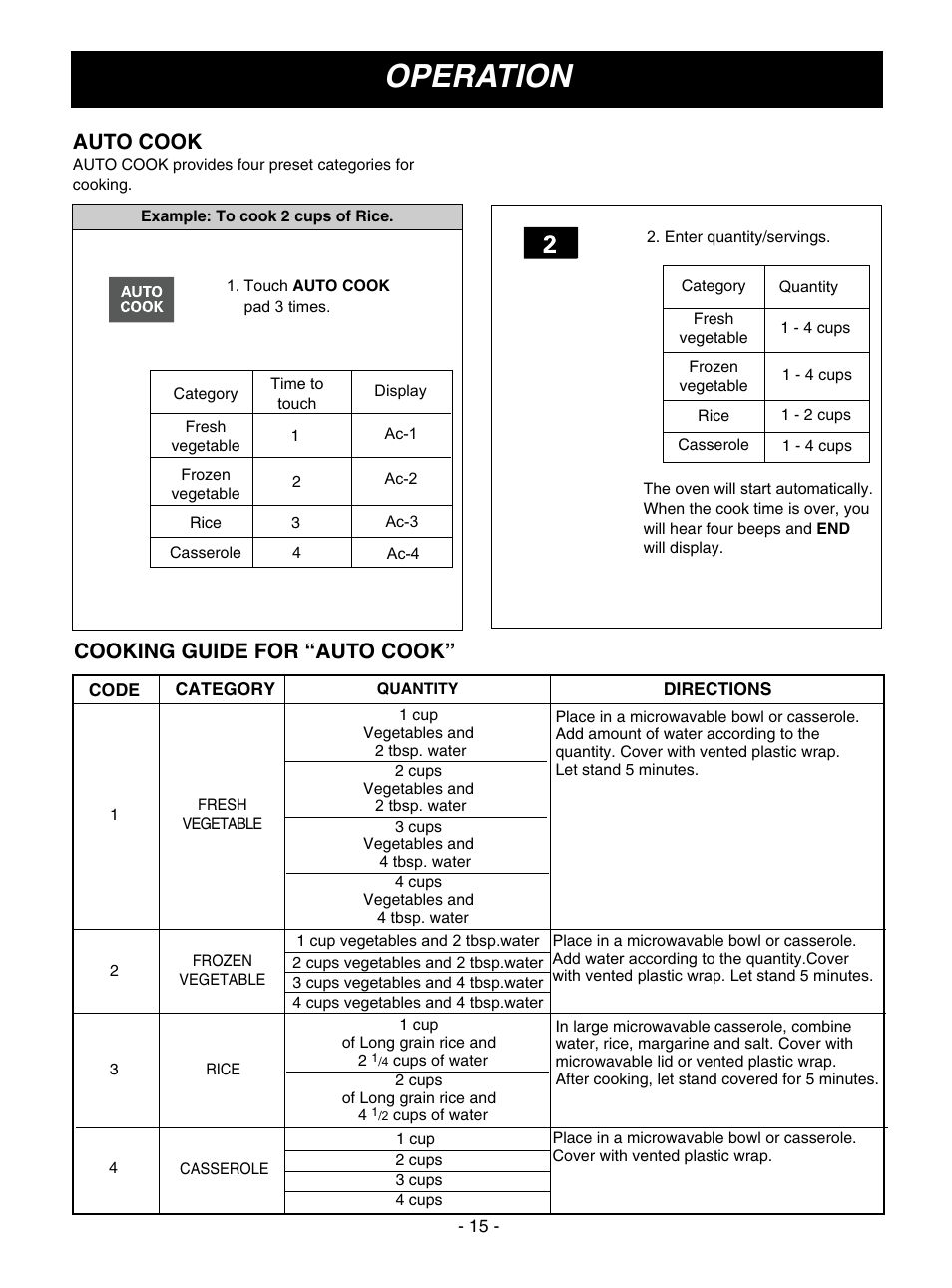 Operation, Auto cook, Cooking guide for “auto cook | LG MV1610ST User Manual | Page 15 / 28