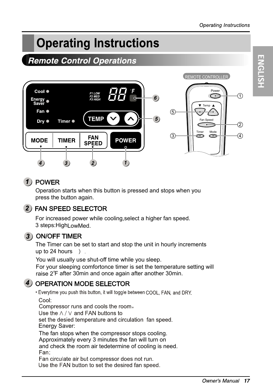 Power, Fan speed selector, On/off timer | Operation mode selector | LG LW1212ER User Manual | Page 17 / 52