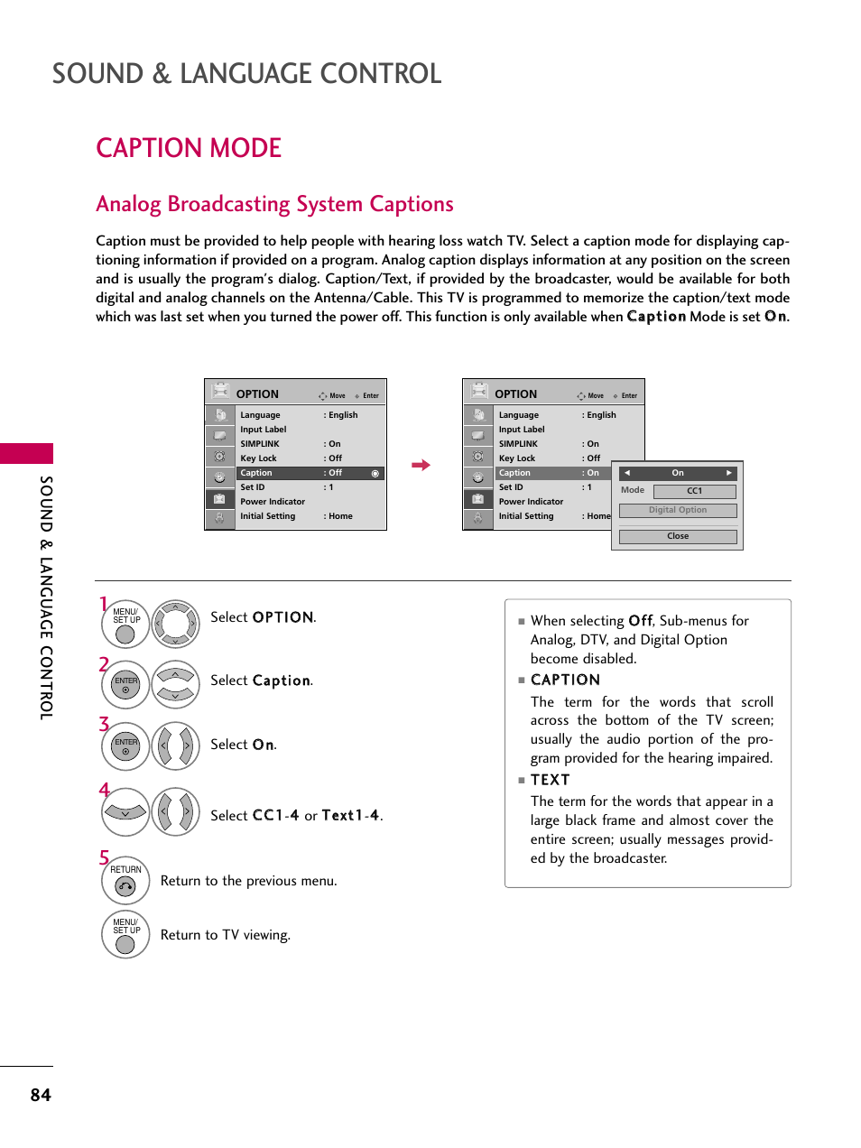 Caption mode, Analog broadcasting system captions, Sound & language control | Sound & langu a ge contr ol | LG 26LG40-UA User Manual | Page 86 / 136