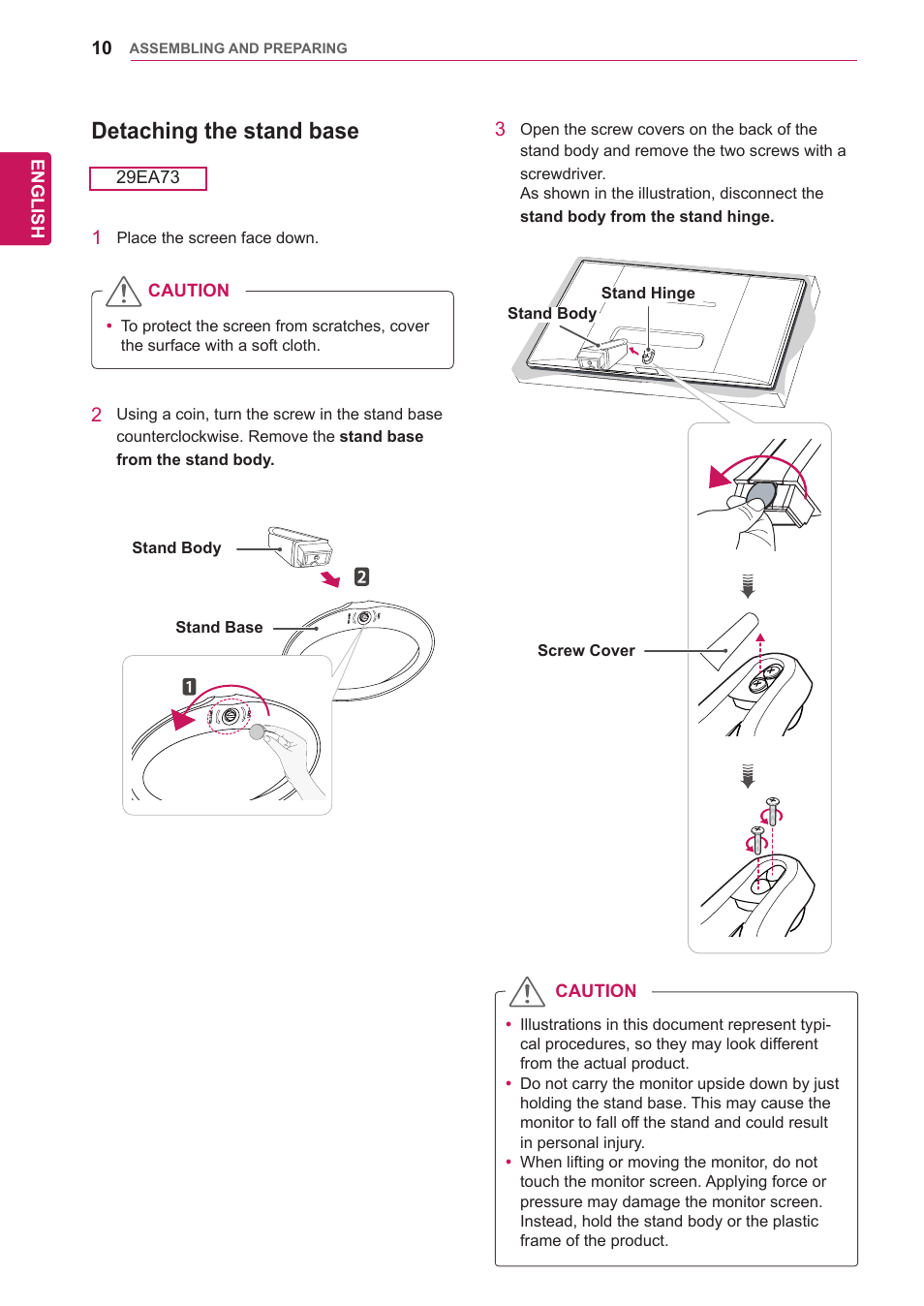 Detaching the stand base | LG 29EA73-P User Manual | Page 10 / 39