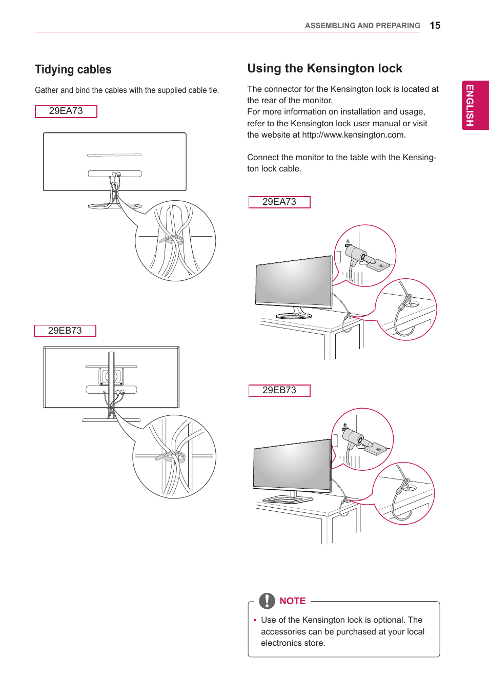 Tidying cables, Using the kensington lock | LG 29EA73-P User Manual | Page 15 / 39