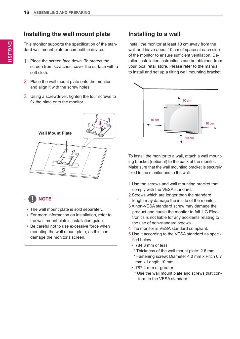 Installing the wall mount plate, Installing to a wall | LG 29EA73-P User Manual | Page 16 / 39