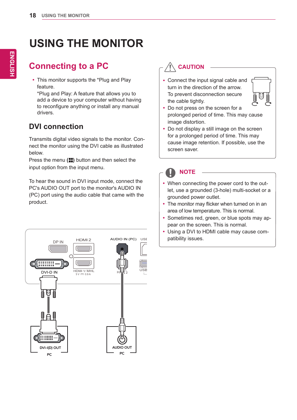 Using the monitor, Connecting to a pc, Dvi connection | 18 connecting to a pc 18, English, Caution | LG 29EA73-P User Manual | Page 18 / 39