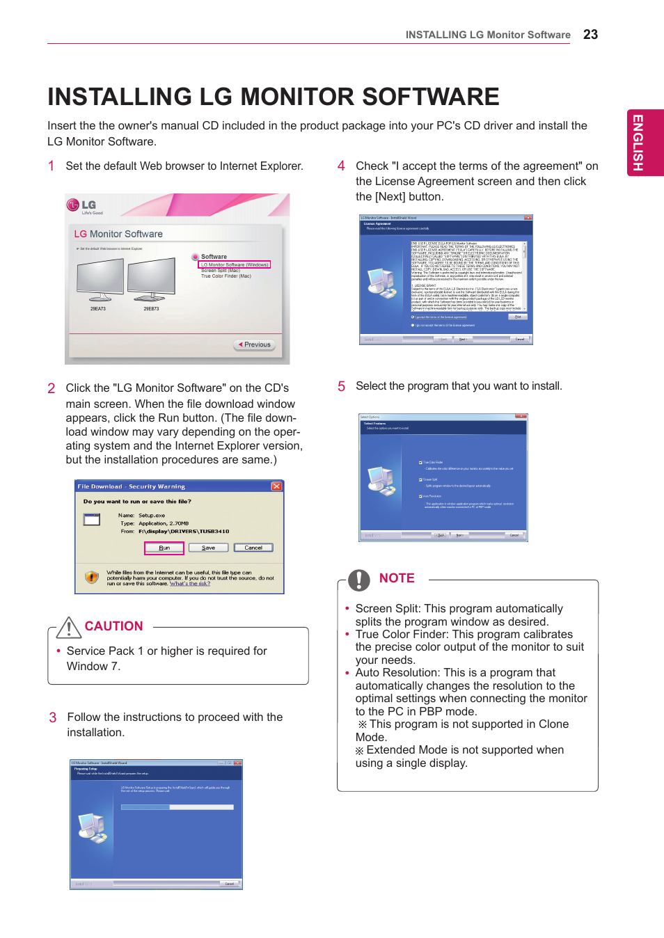 Installing lg monitor software, Installing lg monitor, Software | LG 29EA73-P User Manual | Page 23 / 39