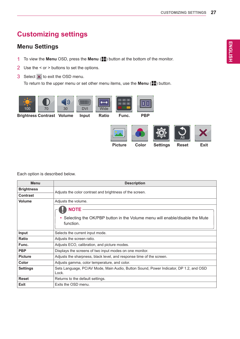 Customizing settings, Menu settings, 27 customizing settings 27 | LG 29EA73-P User Manual | Page 27 / 39