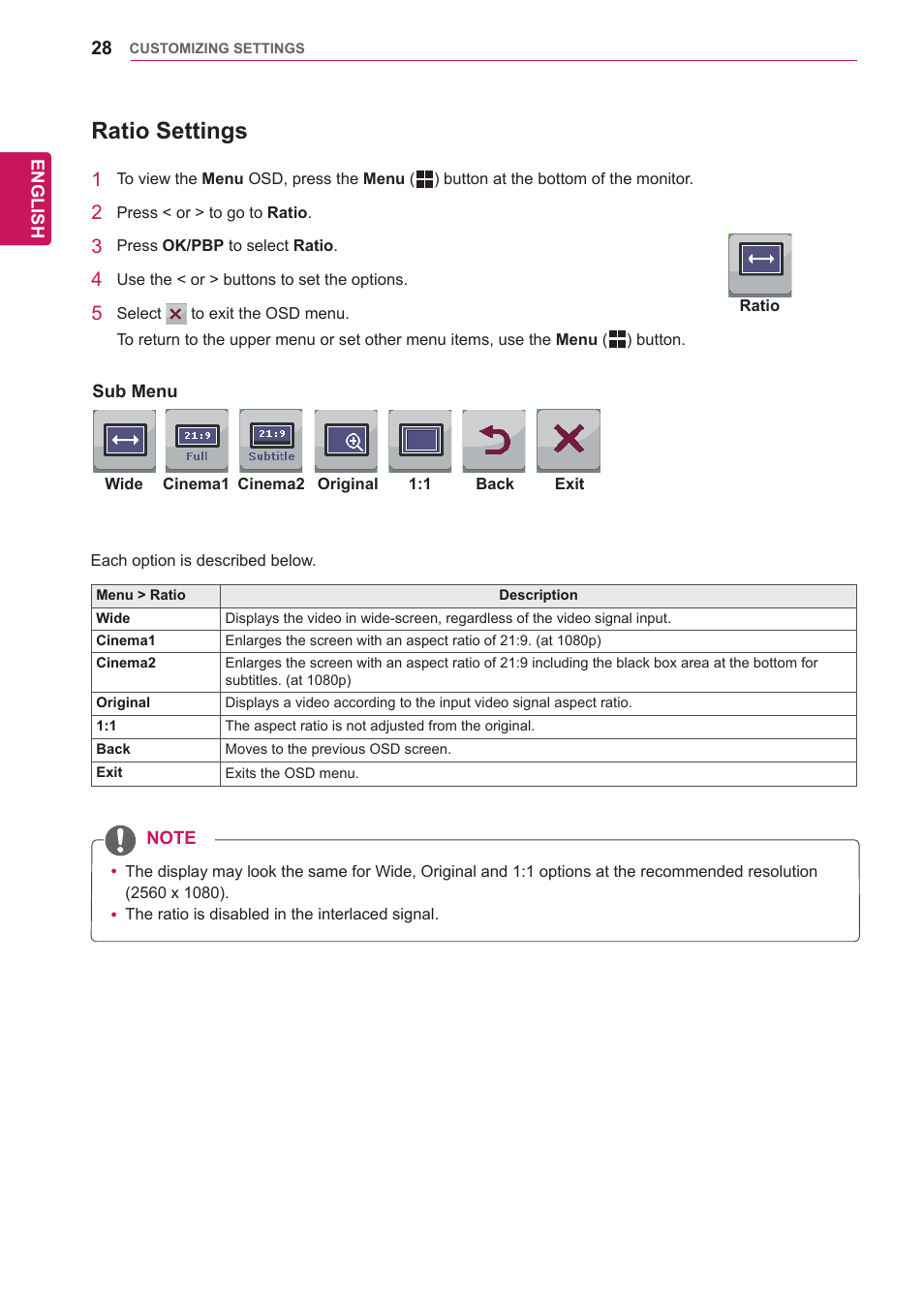 Ratio settings | LG 29EA73-P User Manual | Page 28 / 39
