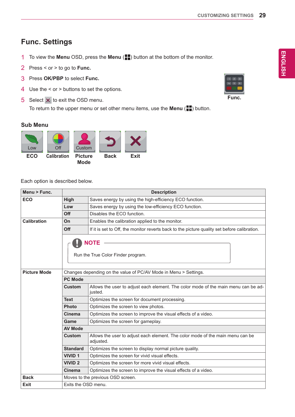 Func. settings | LG 29EA73-P User Manual | Page 29 / 39
