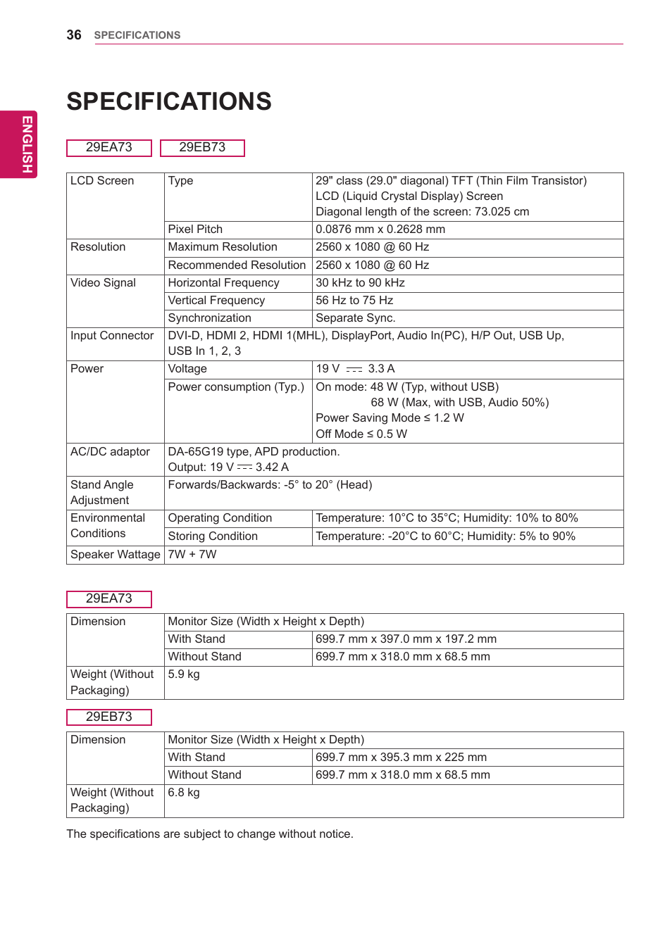 Specifications | LG 29EA73-P User Manual | Page 36 / 39