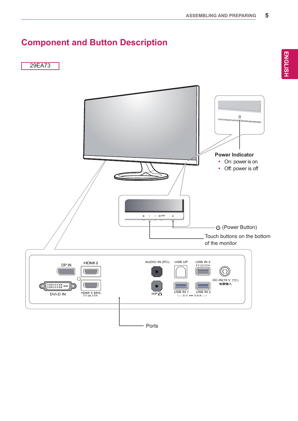 Component and button description, English, 29ea73 | LG 29EA73-P User Manual | Page 5 / 39