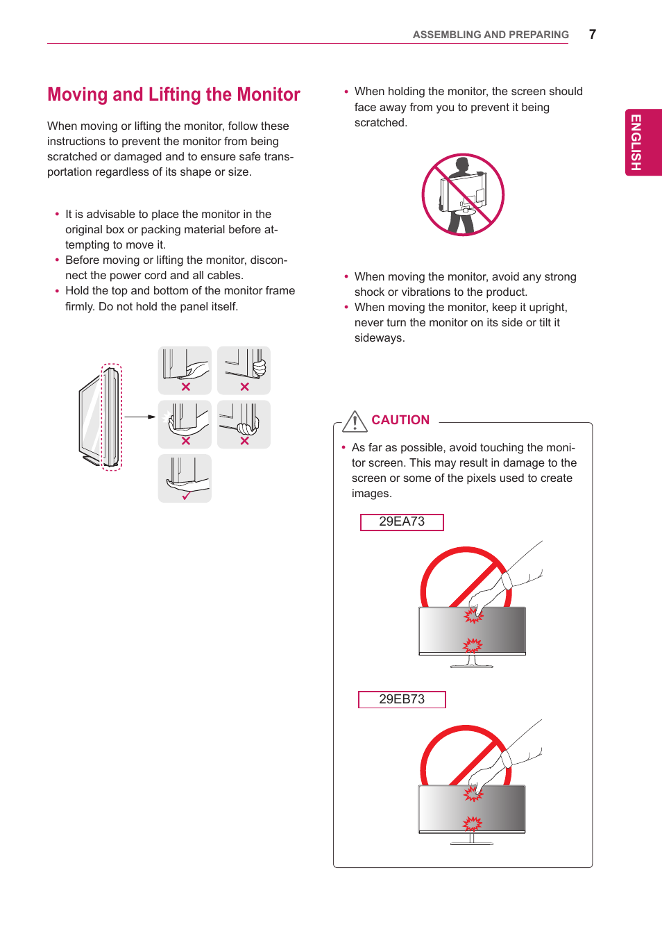 Moving and lifting the monitor | LG 29EA73-P User Manual | Page 7 / 39