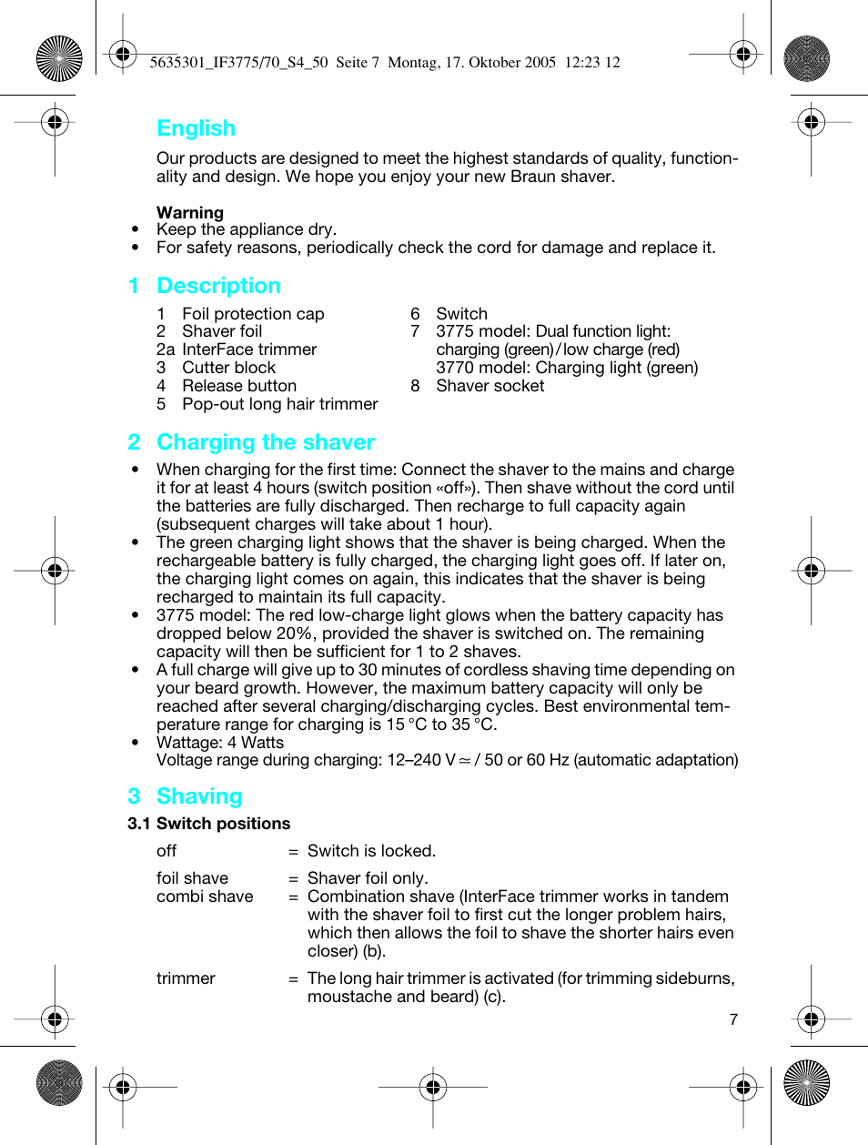 English, 1 description, 2 charging the shaver | 3 shaving | Braun 3775 InterFace Excel User Manual | Page 7 / 47