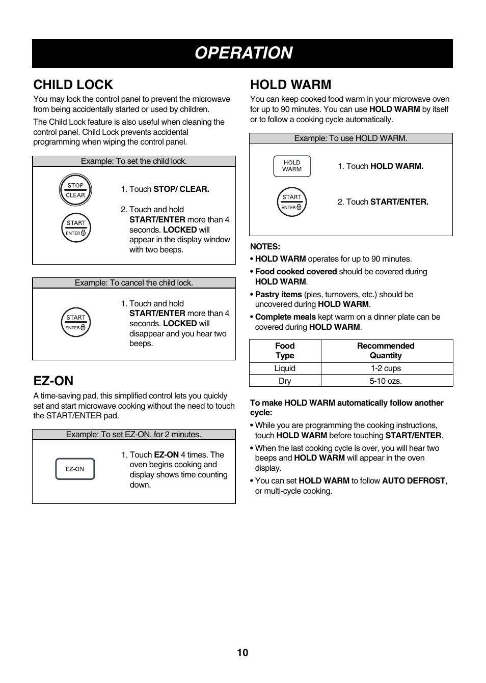 Operation, Child lock, Ez-on | Hold warm | LG LMV2061SB User Manual | Page 10 / 31