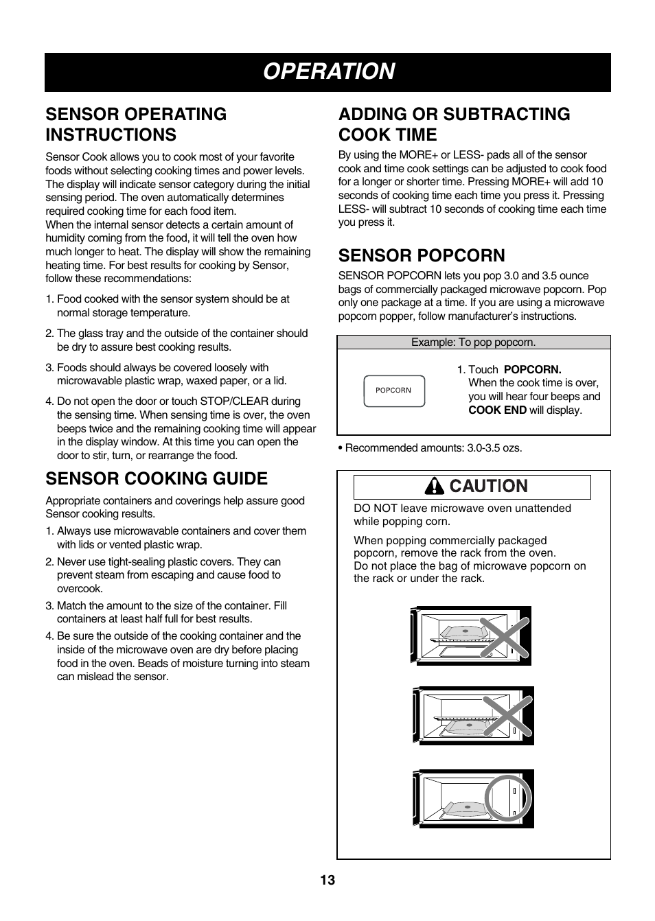 Operation, Sensor popcorn, Sensor cooking guide | LG LMV2061SB User Manual | Page 13 / 31