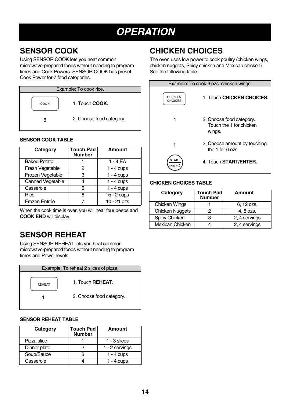 Operation, Sensor cook, Sensor reheat | Chicken choices | LG LMV2061SB User Manual | Page 14 / 31