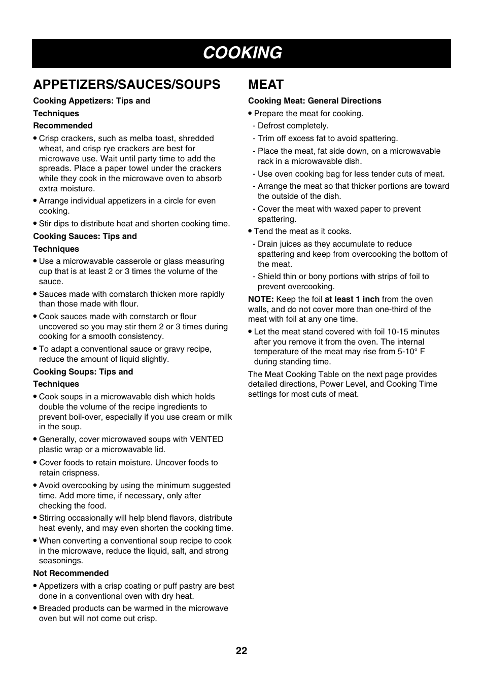 Cooking, Appetizers/sauces/soups, Meat | LG LMV2061SB User Manual | Page 22 / 31