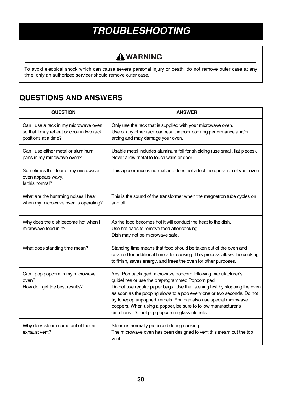 Troubleshooting, Questions and answers | LG LMV2061SB User Manual | Page 30 / 31
