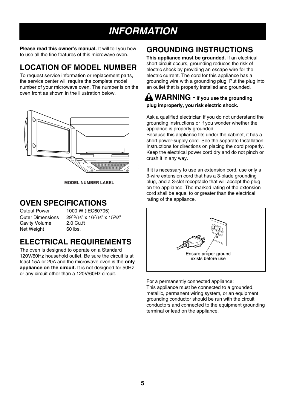Information, Location of model number, Oven specifications | Electrical requirements, Grounding instructions, Warning | LG LMV2061SB User Manual | Page 5 / 31