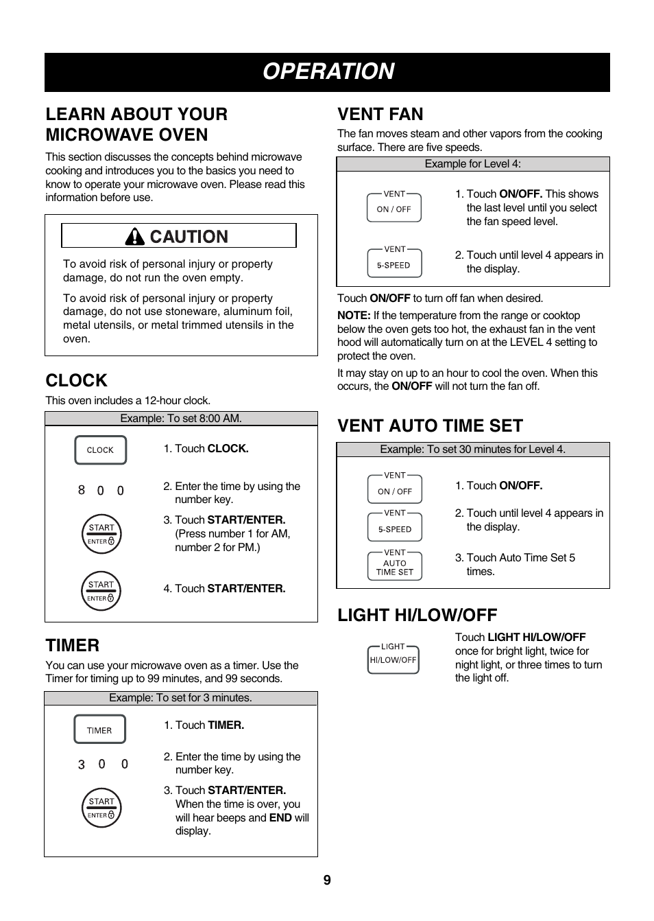 Operation, Learn about your microwave oven, Clock | Vent fan, Timer, Vent auto time set, Light hi/low/off | LG LMV2061SB User Manual | Page 9 / 31