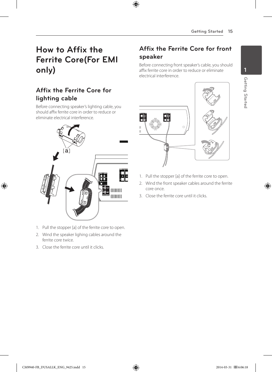 How to affix the ferrite core(for emi only), Affix the ferrite core for lighting cable, Affix the ferrite core for front speaker | LG CM9940 User Manual | Page 15 / 44