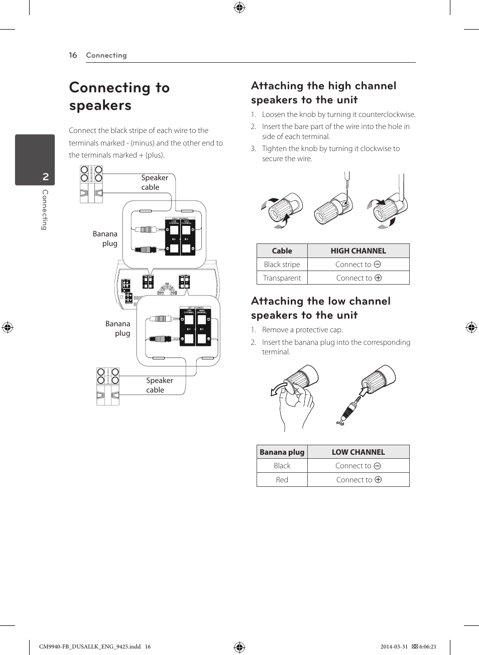 Connecting to speakers, Attaching the high channel speakers to the unit, Attaching the low channel speakers to the unit | LG CM9940 User Manual | Page 16 / 44