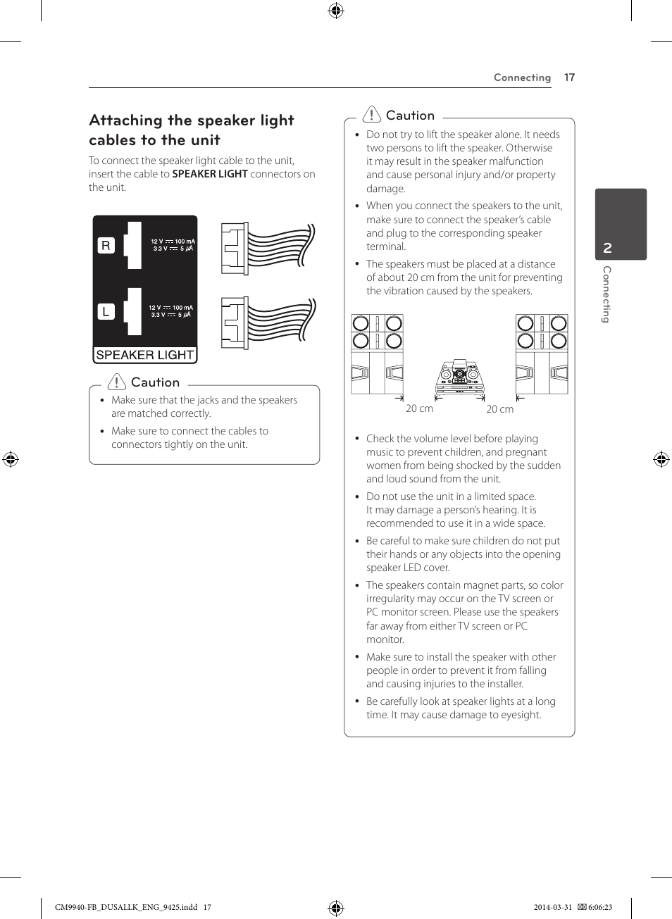 Attaching the speaker light cables to the unit | LG CM9940 User Manual | Page 17 / 44