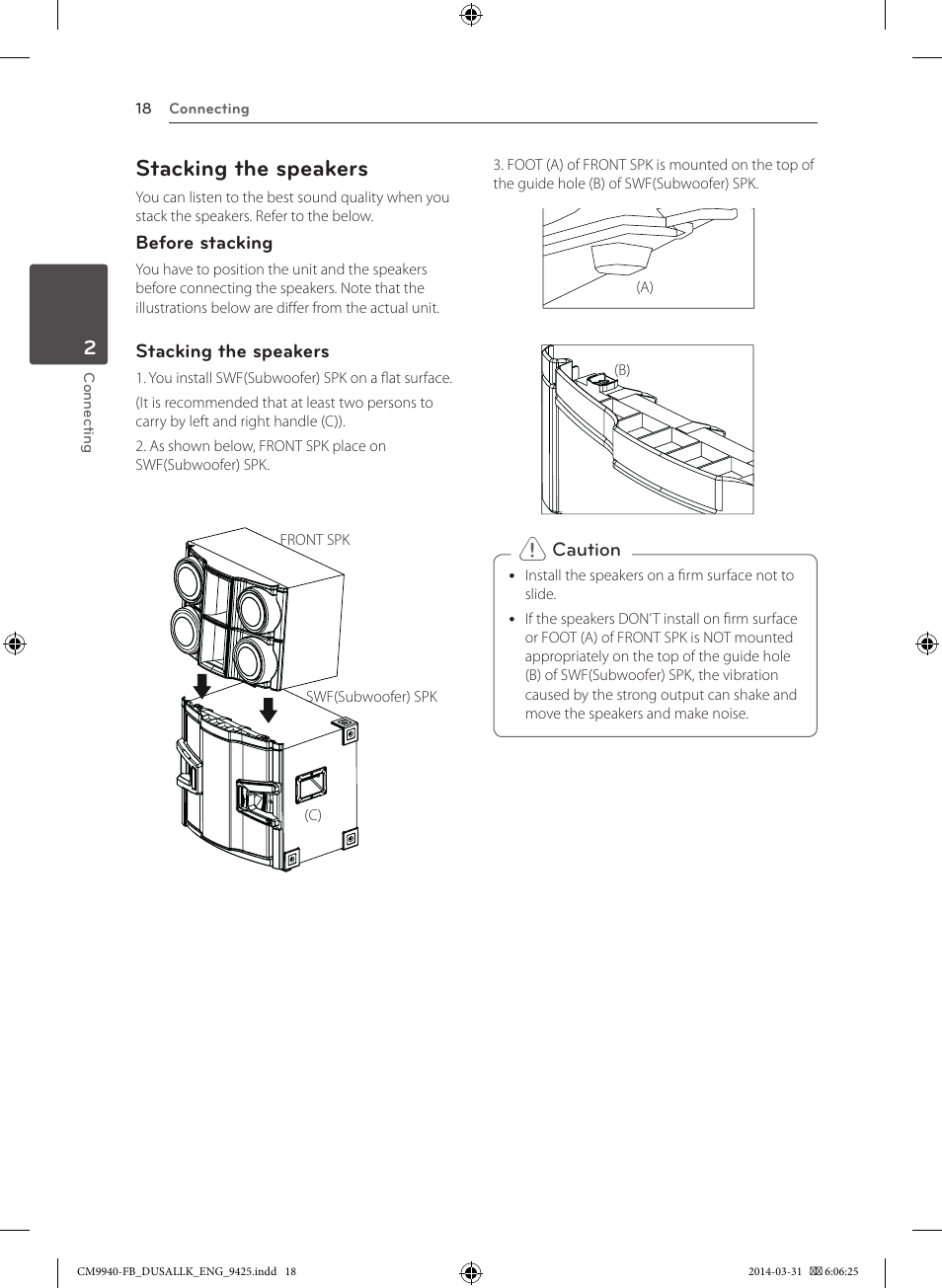 Stacking the speakers | LG CM9940 User Manual | Page 18 / 44