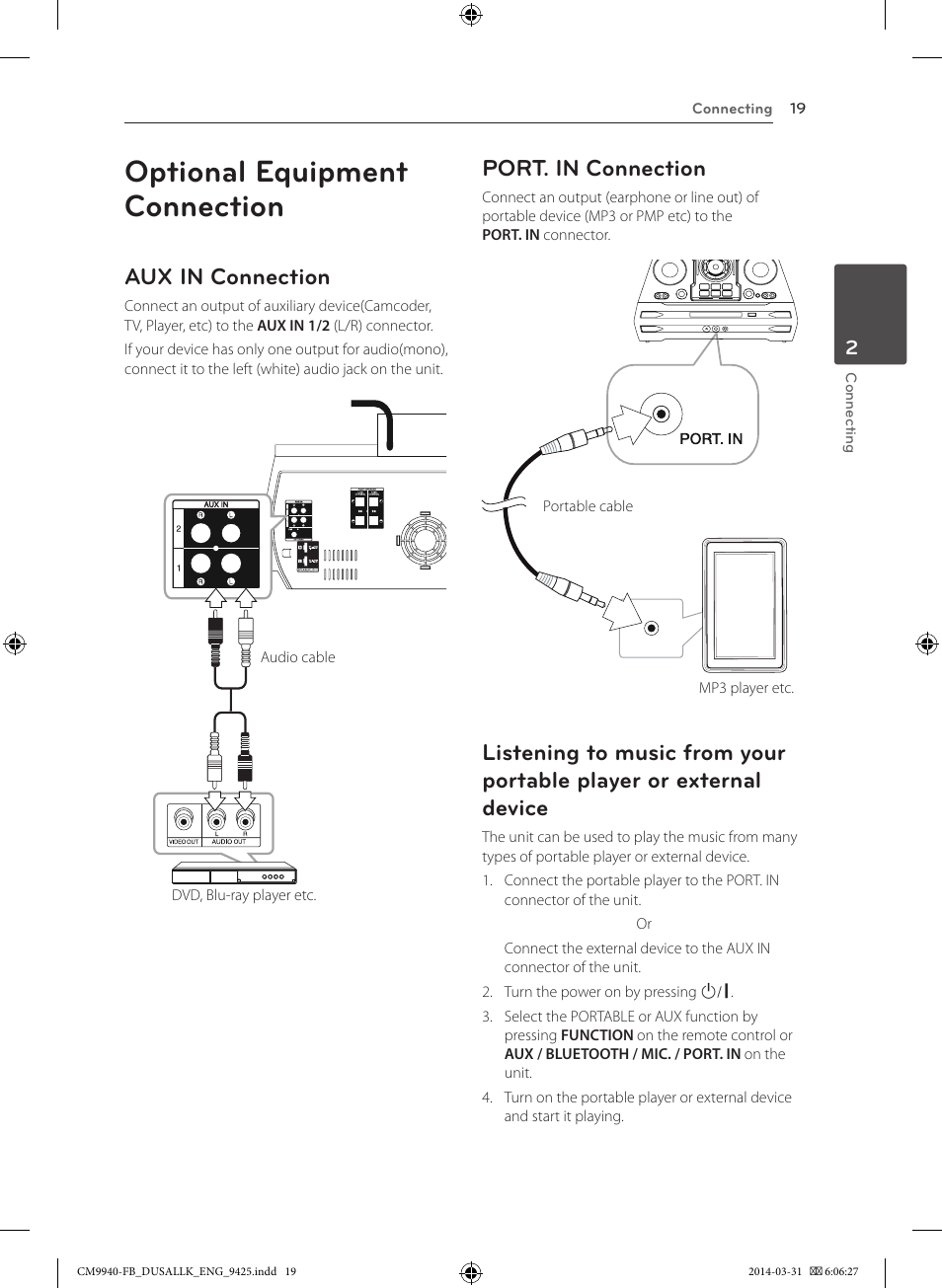 Optional equipment connection, Aux in connection, Port. in connection | LG CM9940 User Manual | Page 19 / 44