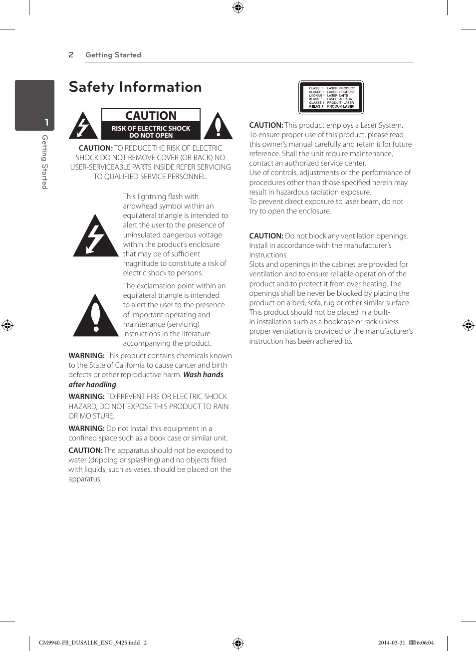 Safety information, Caution | LG CM9940 User Manual | Page 2 / 44