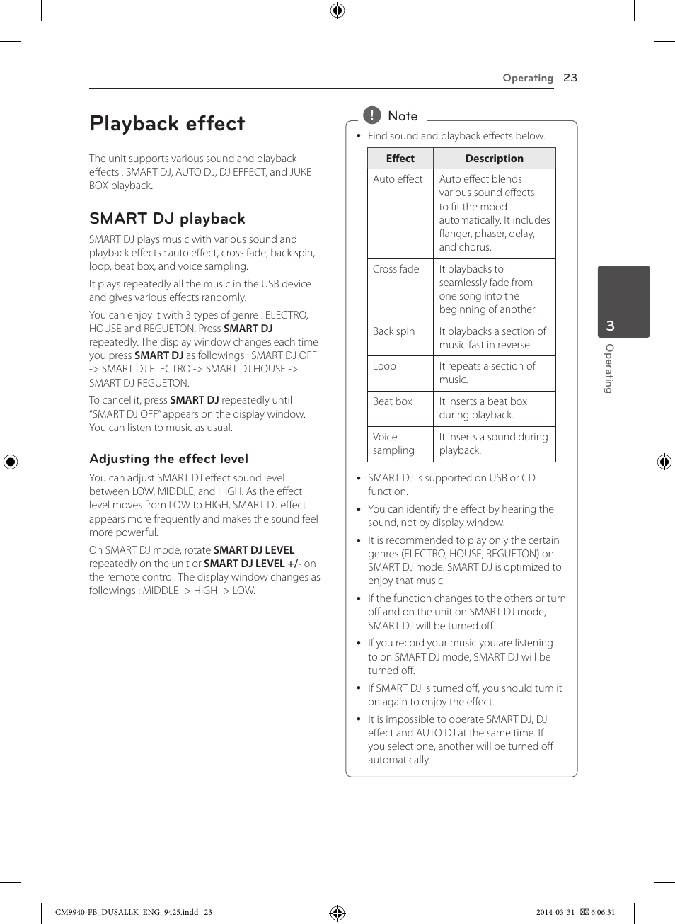 Playback effect, Smart dj playback | LG CM9940 User Manual | Page 23 / 44