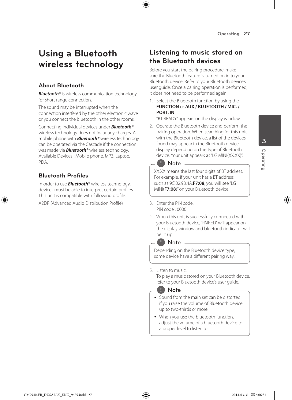 Using a bluetooth wireless technology, Listening to music stored on the bluetooth devices | LG CM9940 User Manual | Page 27 / 44