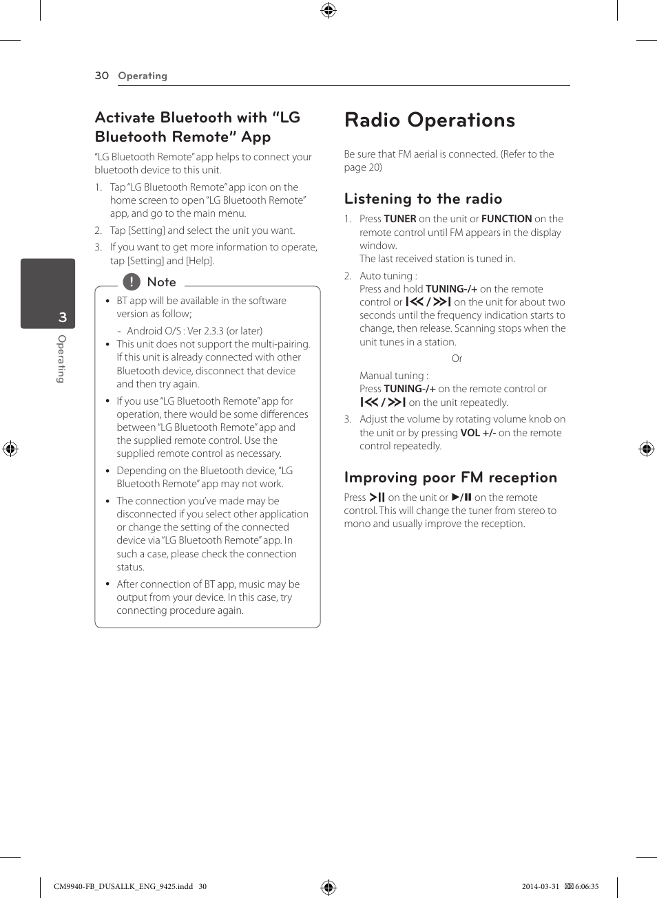 Radio operations, Activate bluetooth with “lg bluetooth remote” app, Listening to the radio | Improving poor fm reception | LG CM9940 User Manual | Page 30 / 44