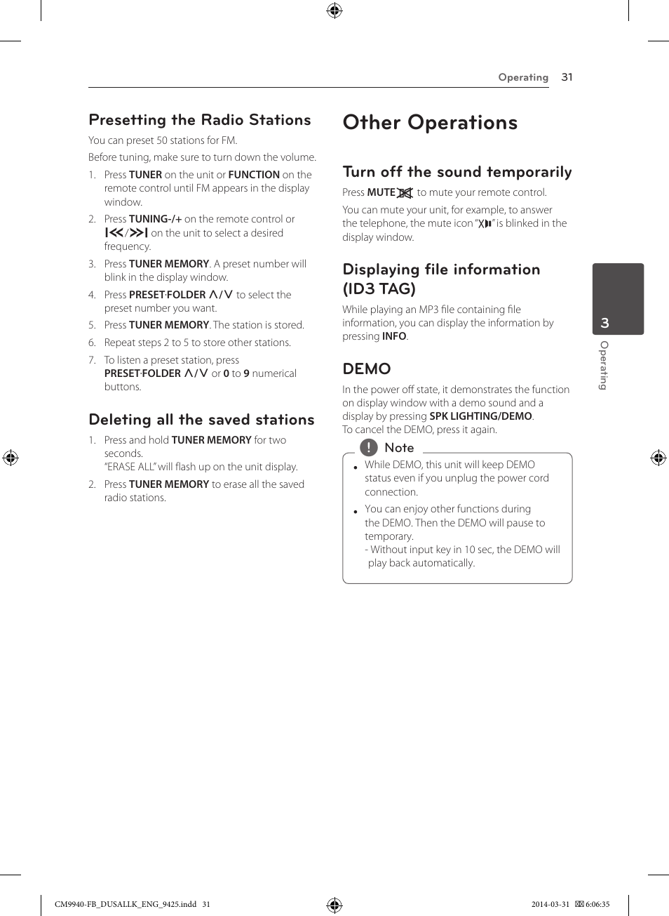 Other operations, Presetting the radio stations, Deleting all the saved stations | Turn off the sound temporarily, Displaying file information (id3 tag), Demo | LG CM9940 User Manual | Page 31 / 44